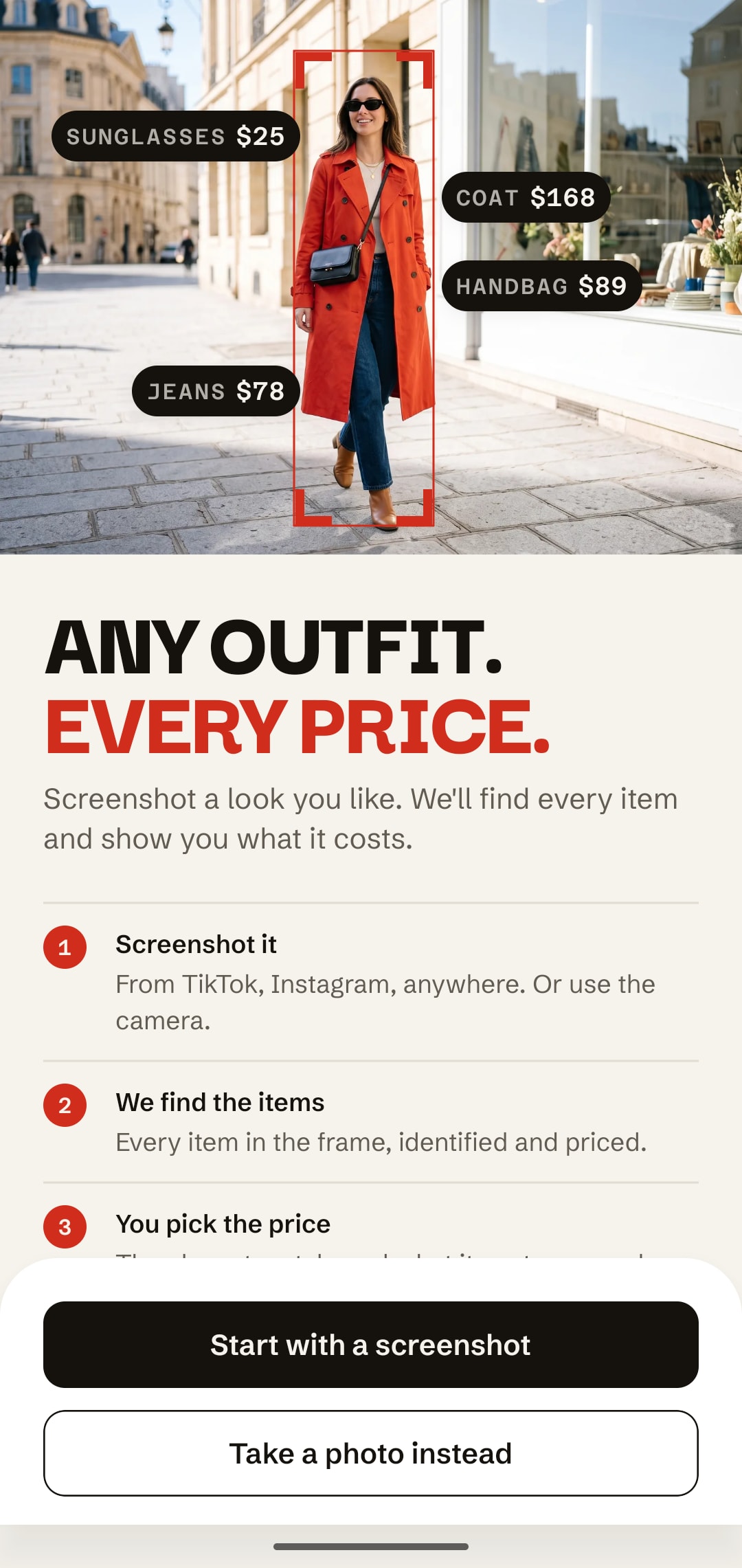 The IDtheLook welcome screen: Any outfit. Every price. with three steps, Screenshot it, We find the items, You pick the price