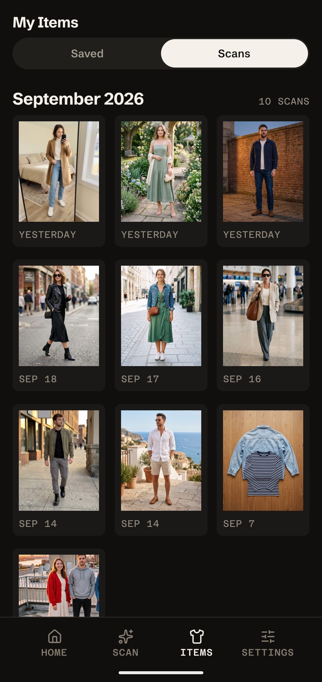 The My Items scan history in dark mode, a grid of past scans grouped by month