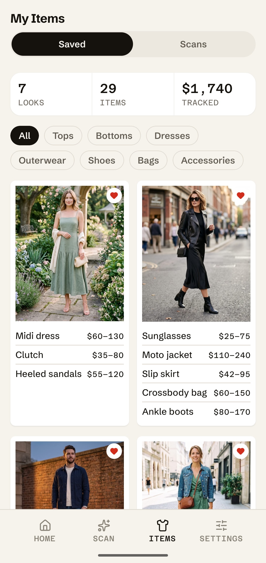 The My Items screen showing 7 saved looks and 29 items, with each look's pieces and price ranges listed under its photo