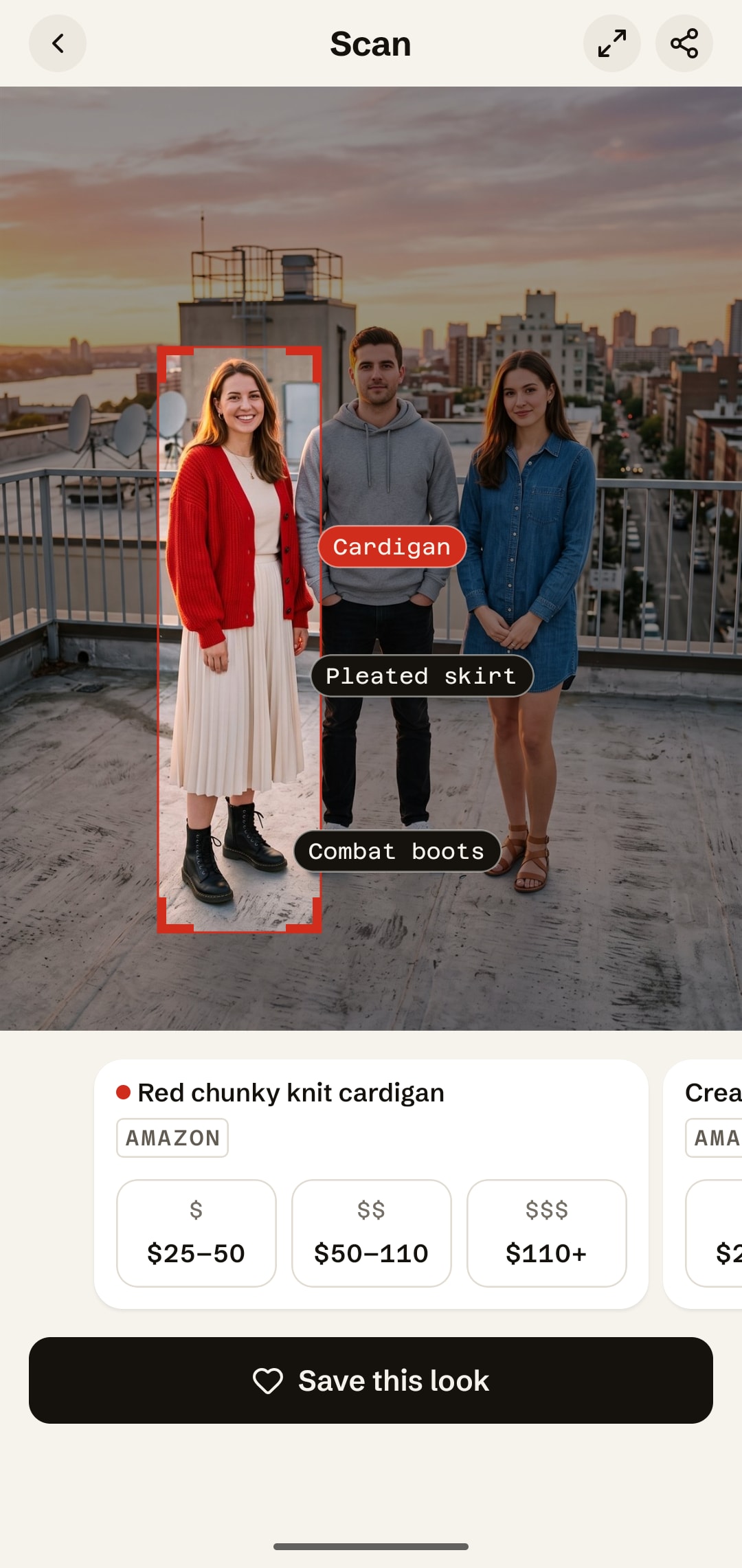 IDtheLook scan of three friends on a rooftop with the crop box on one of them and her cardigan, pleated skirt and combat boots tagged
