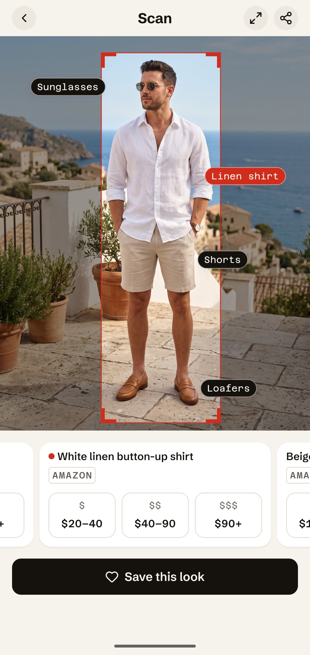 IDtheLook scan of a man in a linen shirt and shorts, with a price ladder of $10 to $28, $28 to $80 and $80 and up for gold round sunglasses