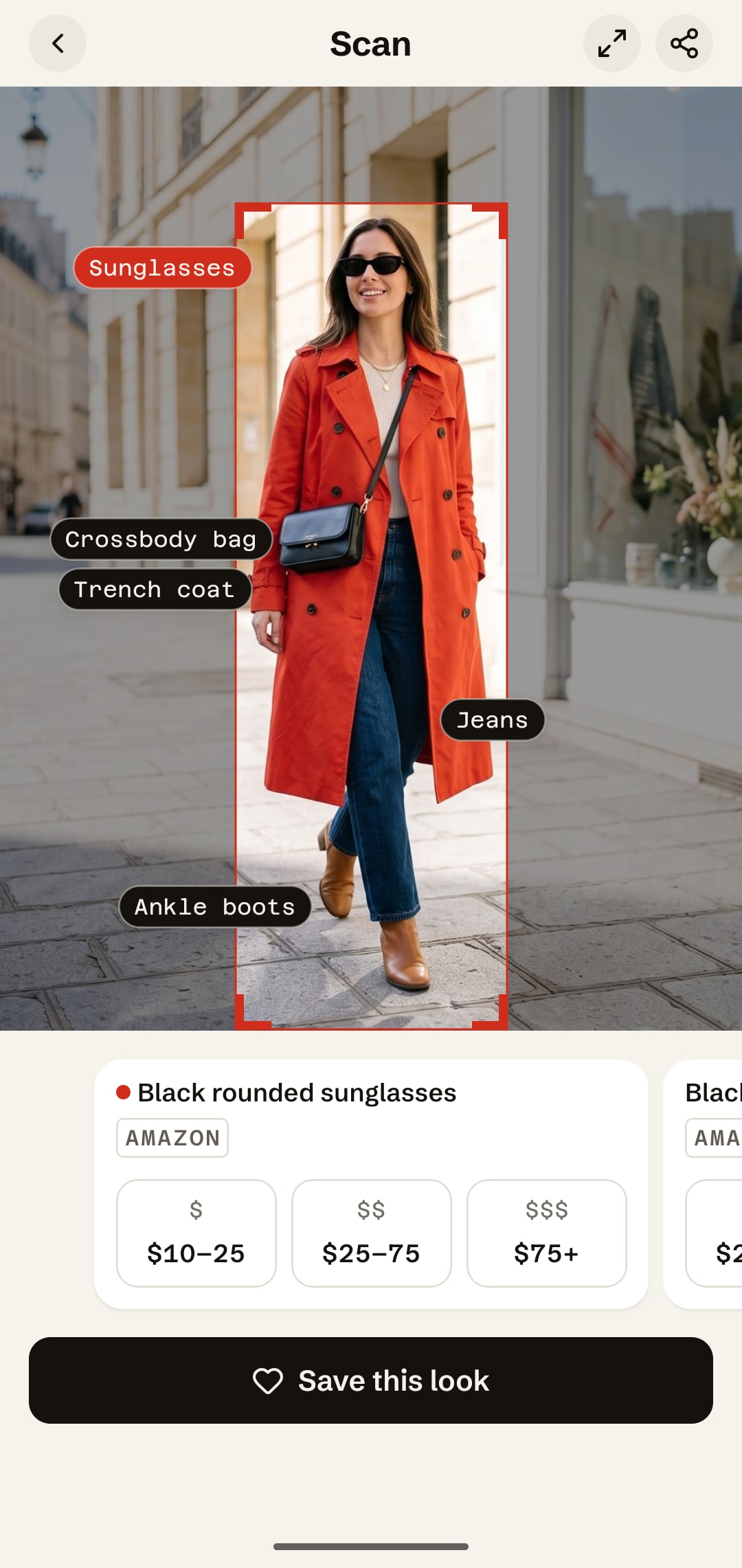 IDtheLook scan of a woman in a red trench coat, with sunglasses, crossbody bag, trench coat, jeans and ankle boots tagged on the photo