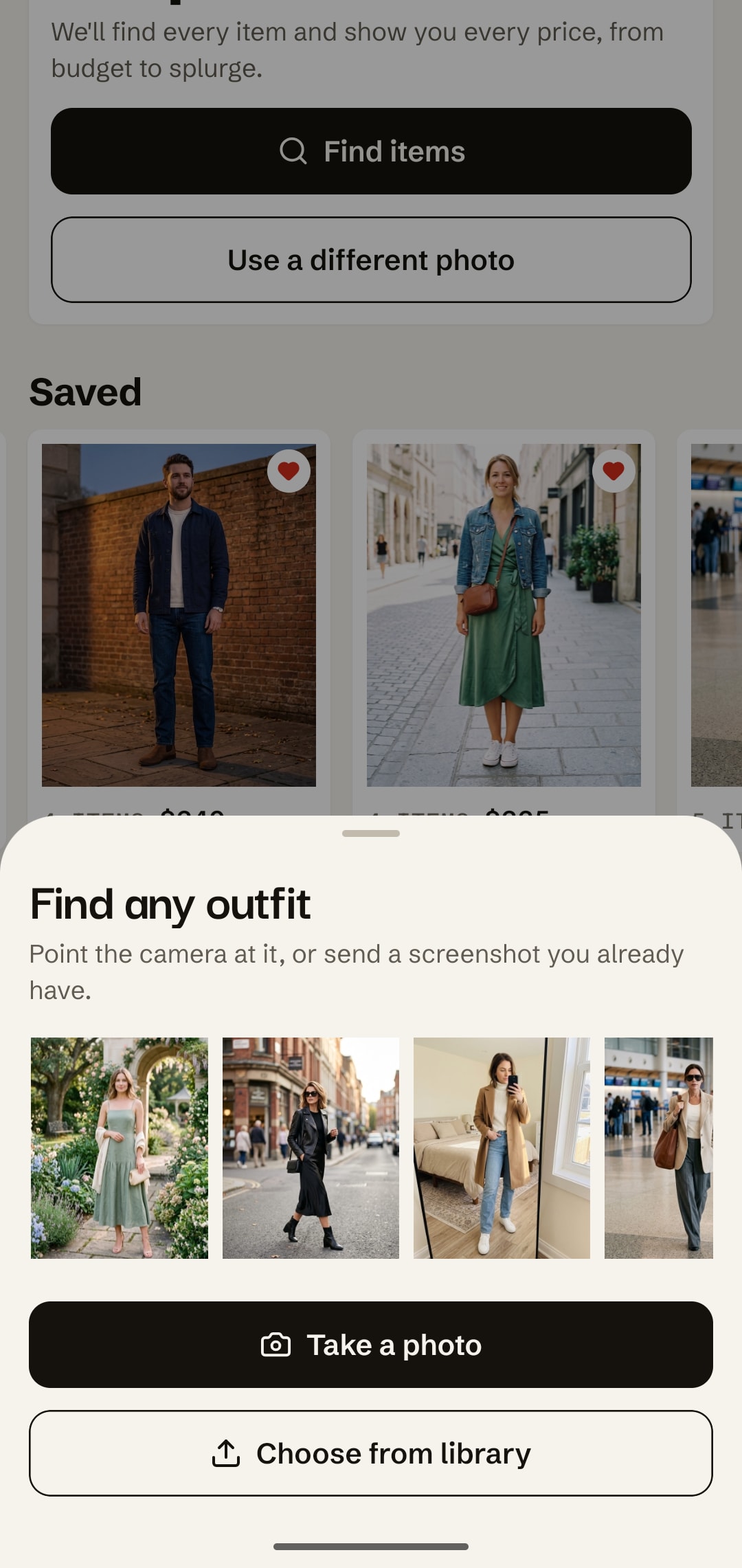 The Find any outfit sheet with a row of recent photos, a Take a photo button and a Choose from library button